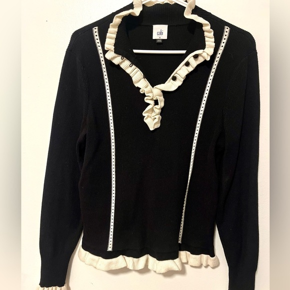 Cabi Adorn pullover cotton blend sweater black & white ruffle trim size M - Picture 2 of 10